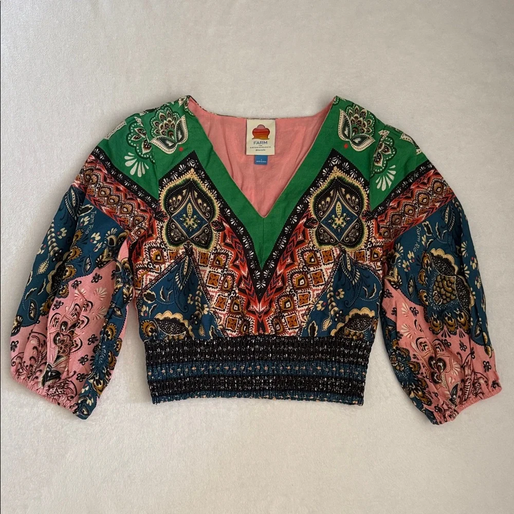 Farm Rio for Anthropologie | Deep-V Puff-Sleeve Linen Blend Boho Crop Top (S) - Picture 3 of 16